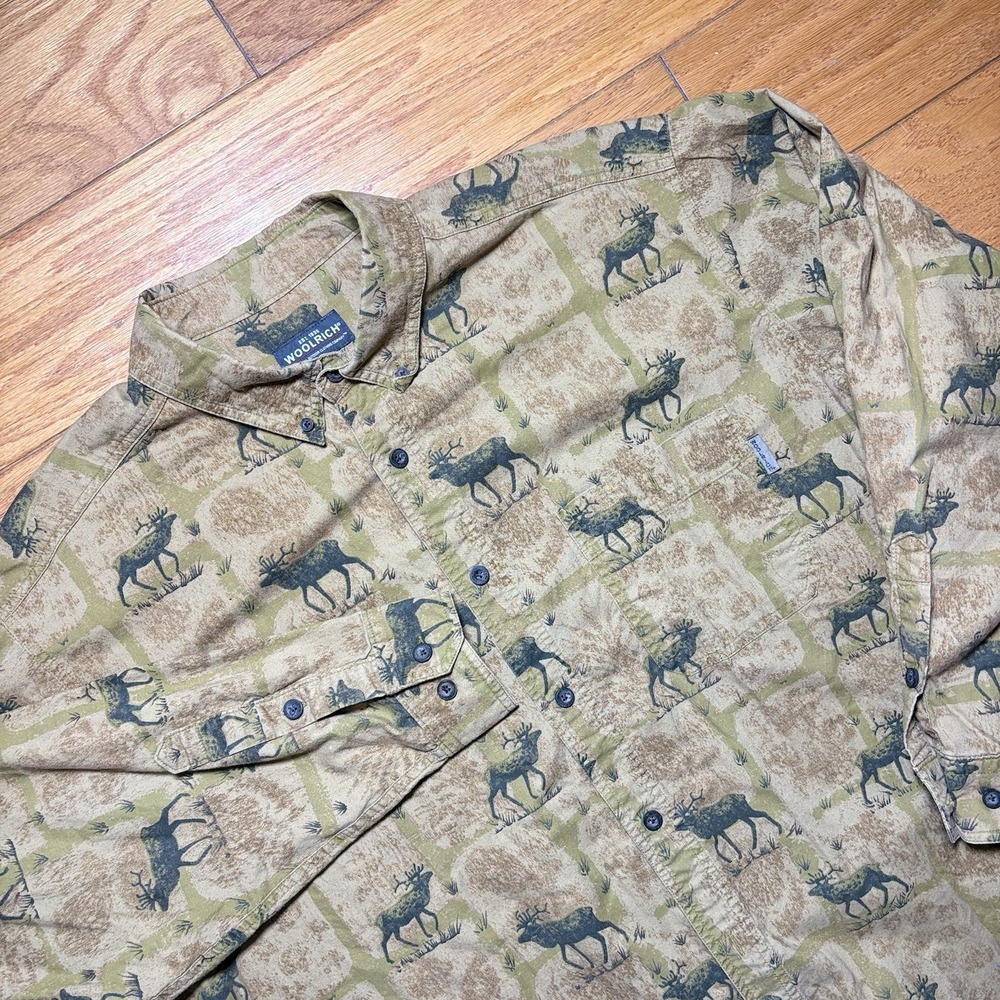 Woolrich Elk Moose Deer Wildlife Print Flannel Shirt Mens XLarge Green Camp